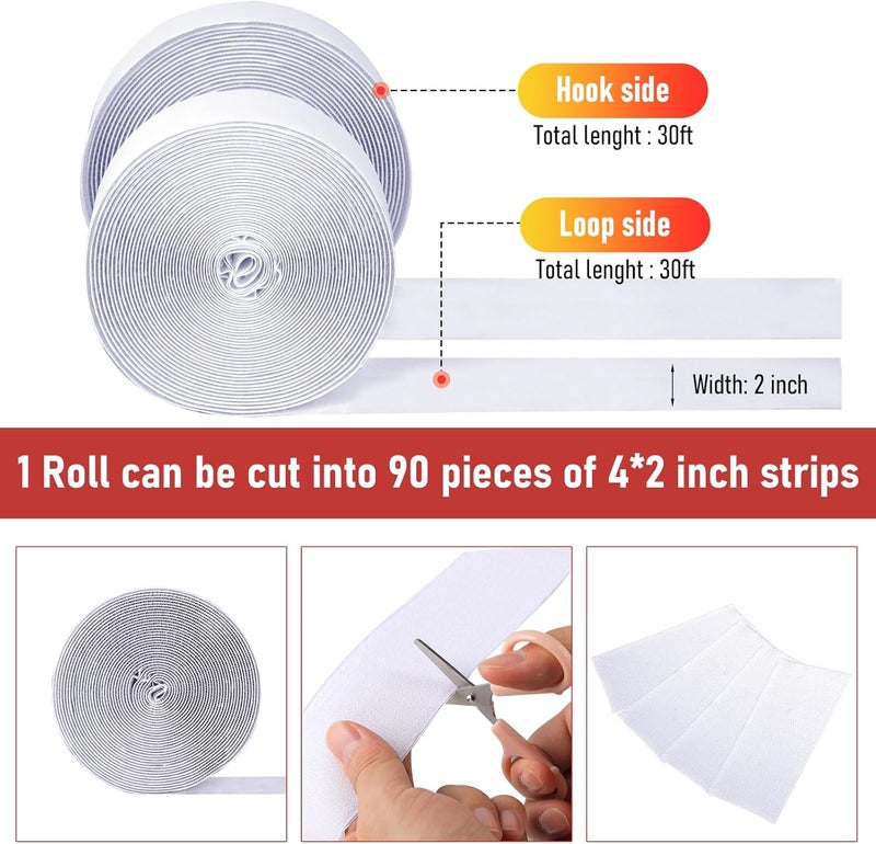 PTUNA 30Ft *2 Inch Hook and Loop Tape with Adhesive Back, Heavy Duty Double Sided Adhesive Strips, Strong Sticky Strips Roll for Home/Office/School/Car, White - Image 3